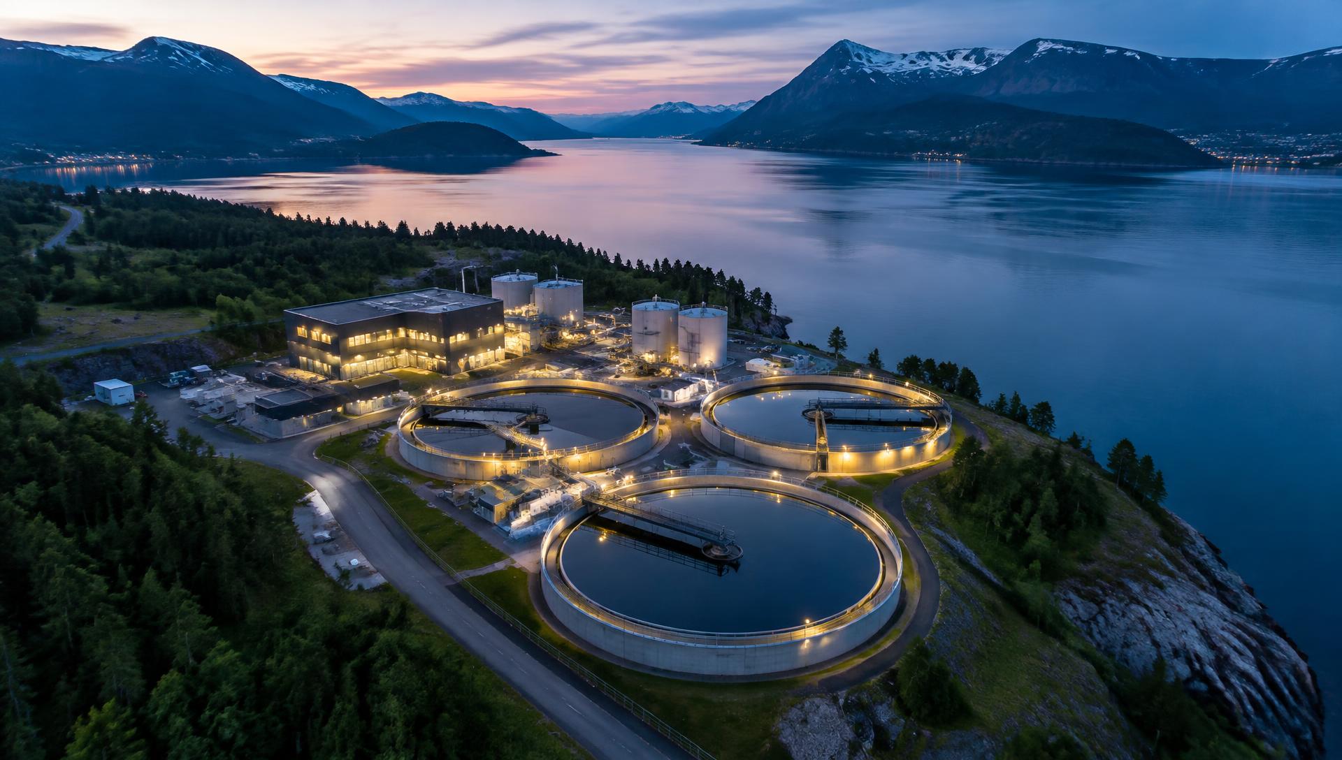 Renseanlegg ved fjorden i skumringen